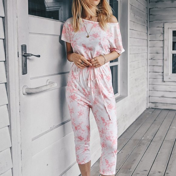 Tie Dye Loungewear Drawstring Casual Jumpsuit Pajamas - Picture 2 of 4